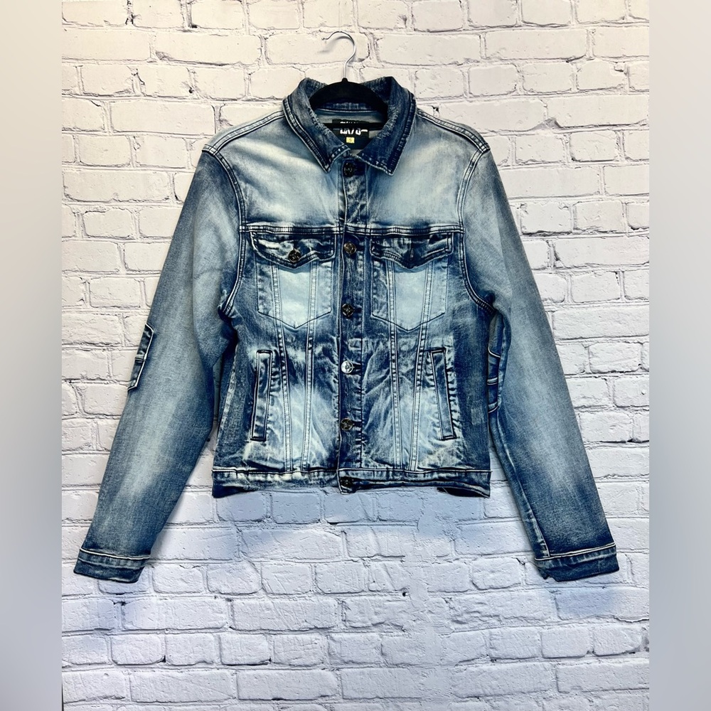 BKYS Denim Jacket Size S Blue Jean Lucky Charm Distressed Embroidered Graphic